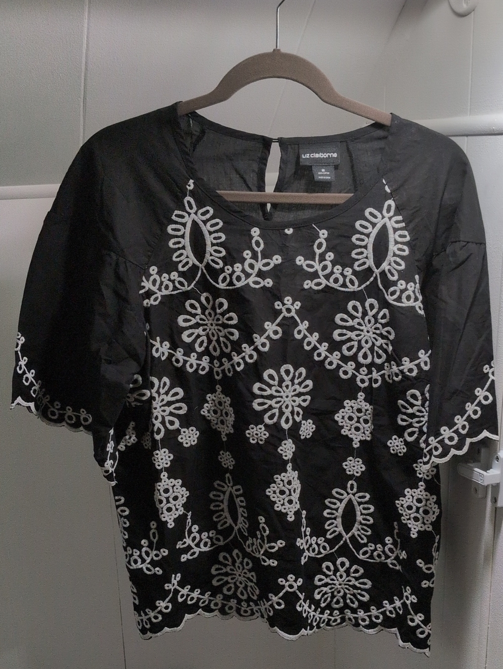 Liz Claiborne Black Blouse with White Floral Cutwork